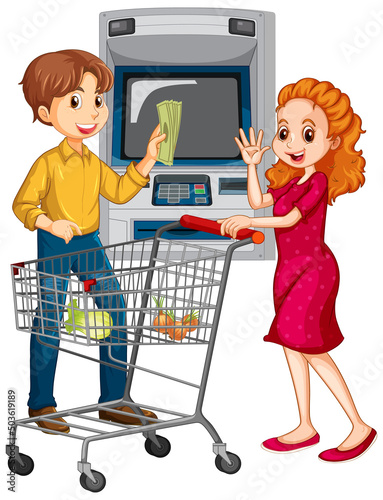 A man withdraw money from atm machine and his wife