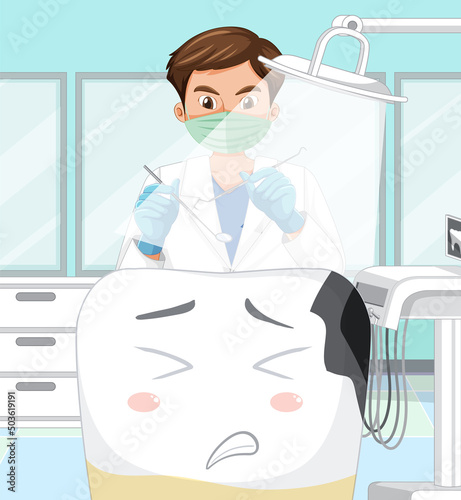 Dentist holding instruments and examining teeth decay in clinic