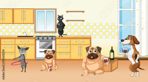 In house scene with dogs drinking wine