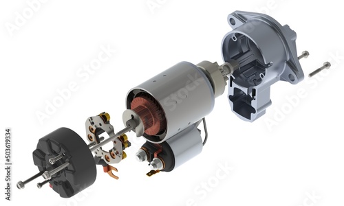 Car starter components ,exploded view, 3D rendering isolated on white background