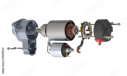 Car starter exploded view components, 3D rendering isolated on white background