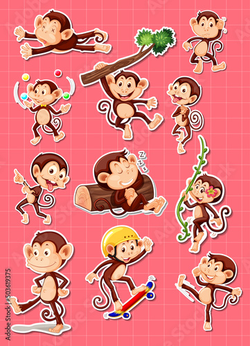 Sticker set of funny monkey cartoon characters