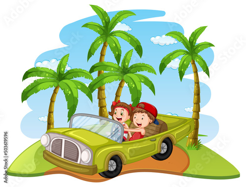 Road trip concept with kids driving classic convertible car