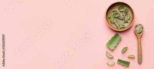 Fotografie, Tablou Spoon and plate with fresh cut aloe vera on light pink background with space for