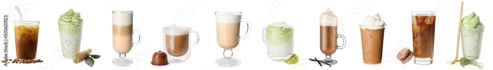 Set of different latte coffee on white background Set of different latte coffee on white background