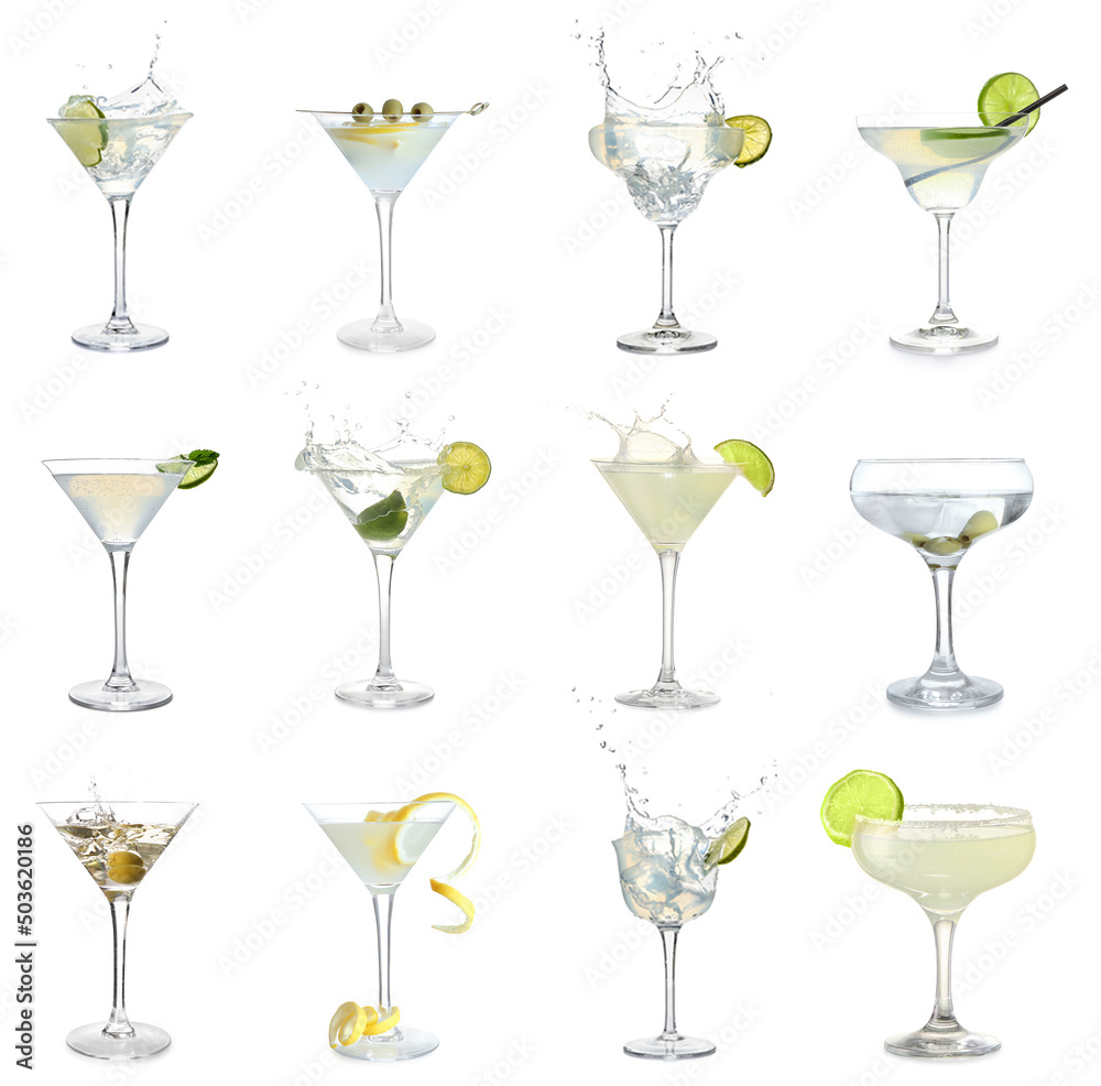 Set of tasty martini cocktails with splashes isolated on white Set of tasty martini cocktails with splashes isolated on white