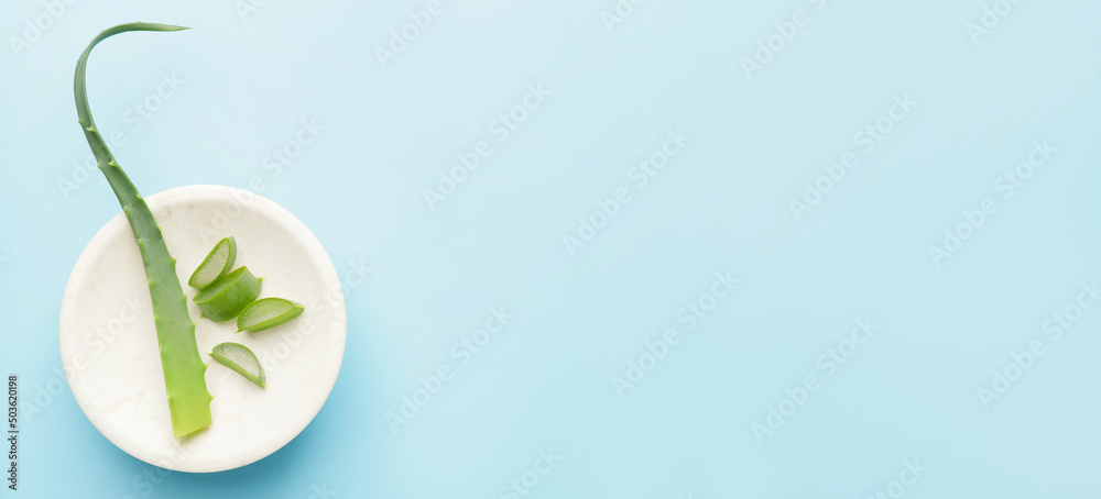 Plate with fresh aloe vera on light blue background with space for text - obrazy, fototapety, plakaty 