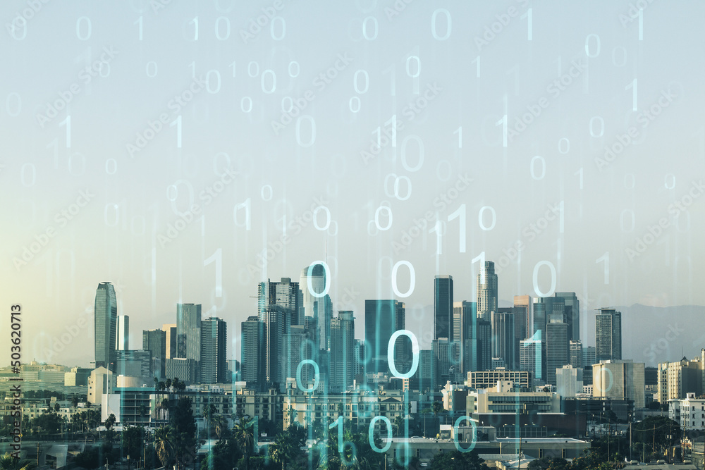 Abstract virtual binary code illustration on Los Angeles skyline background. Big data and coding concept. Multiexposure