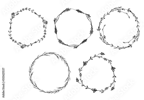 Vector set of black silhouette of circle herb borders. Round monochrome frame collection of twigs and flowers