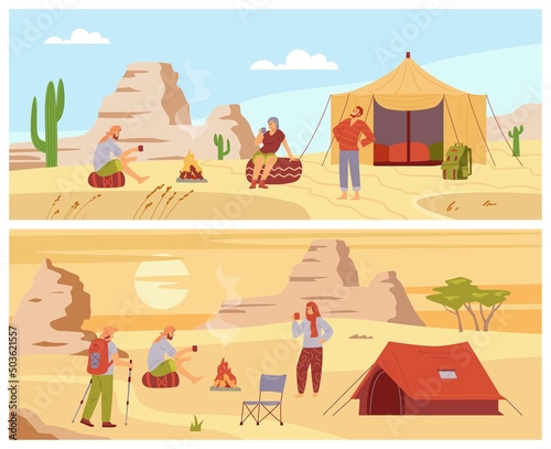 Desert camp at dawn and sunset cartoon vector illustration. Tourist people near tent in Australian or Arabian desert.