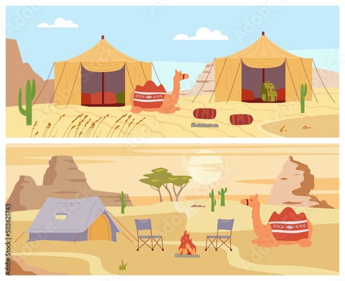Tourists desert tent and Bedouin camps banners, flat vector illustration.