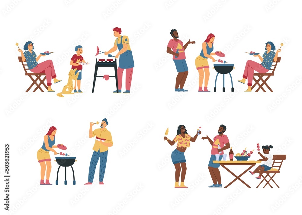 Fototapeta premium Diverse families have barbecue party, flat vector illustration. Black and white people make and eat grill food outside.