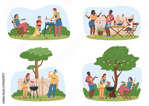 Families and neighbors have barbecue garden party at the backyard. Picnic at the park, flat vector illustration.