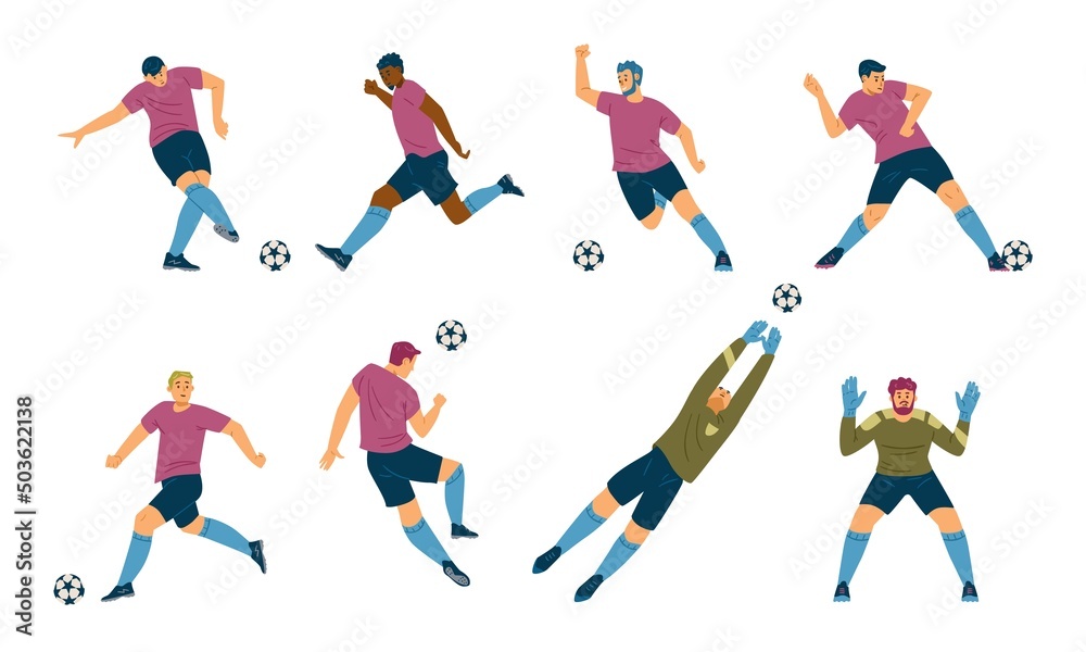 Football or soccer players attack and hit ball, vector illustration isolated. Football or soccer players attack and hit ball, vector illustration isolated.