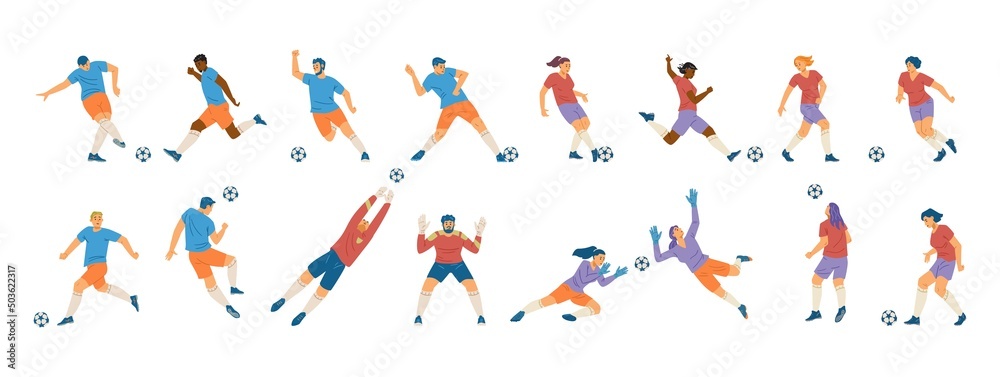 Male and female soccer players set, flat vector illustration isolated on white background.