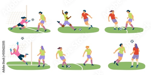 Woman soccer player. Flat vector illustration. Female soccer match or game. Girls play football, kick the ball.