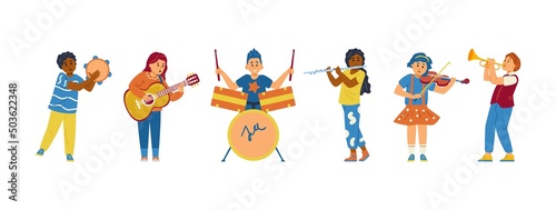 Kids playing different musical instruments flat vector illustration isolated.