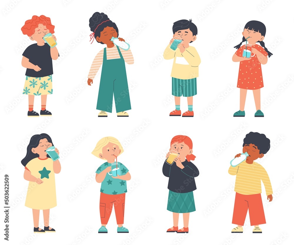 Cute kids drink water, milk and juice, concept of healthy lifestyle and hydration - flat vector illustration on white. Cute kids drink water, milk and juice, concept of healthy lifestyle and hydration - flat vector illustration on white.