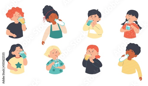 Funny kids drinking - half-portraits set, flat vector illustration isolated.