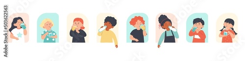 Diverse kids drinking water, juice and milk from glass bottles and cups - flat vector illustration isolated on white.