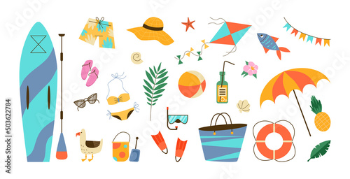 Beach summer sea vacation set of accessories flat vector illustration isolated.