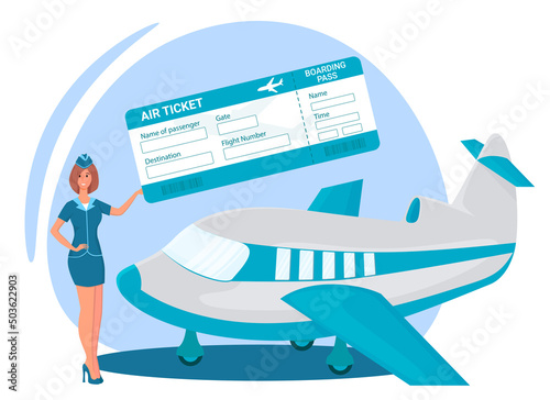Air transportation.A flight attendant with an air ticket in her hands offers to go on a flight and travel.The concept of air travel.Vector illustration.