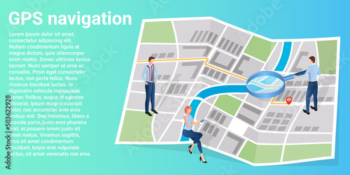 GPS navigation.People use the map to determine their location. Vector illustration.