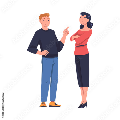 Young Smiling Man and Woman with Folded Arms in Standing Pose Talking Vector Illustration