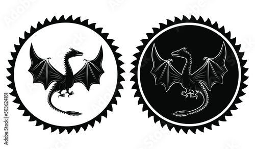 Line art vector – symbols logo or icon of dragon imagine legendary creature two legs with wings in round circle drawing in black and white