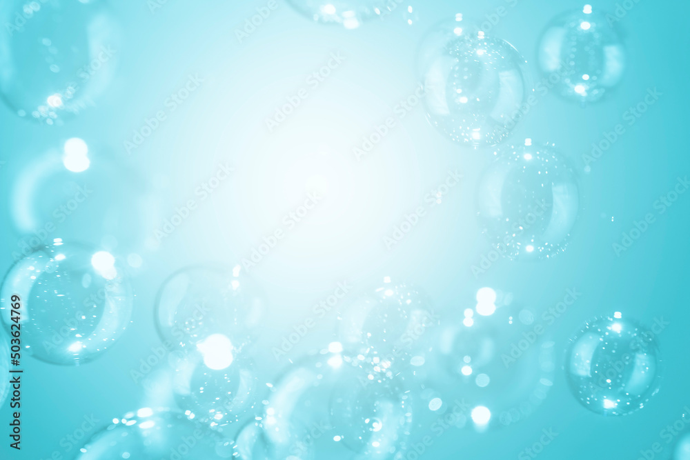 Transparent Shiny Blue Soap Bubbles Background. Soap Sud Bubbles Water.