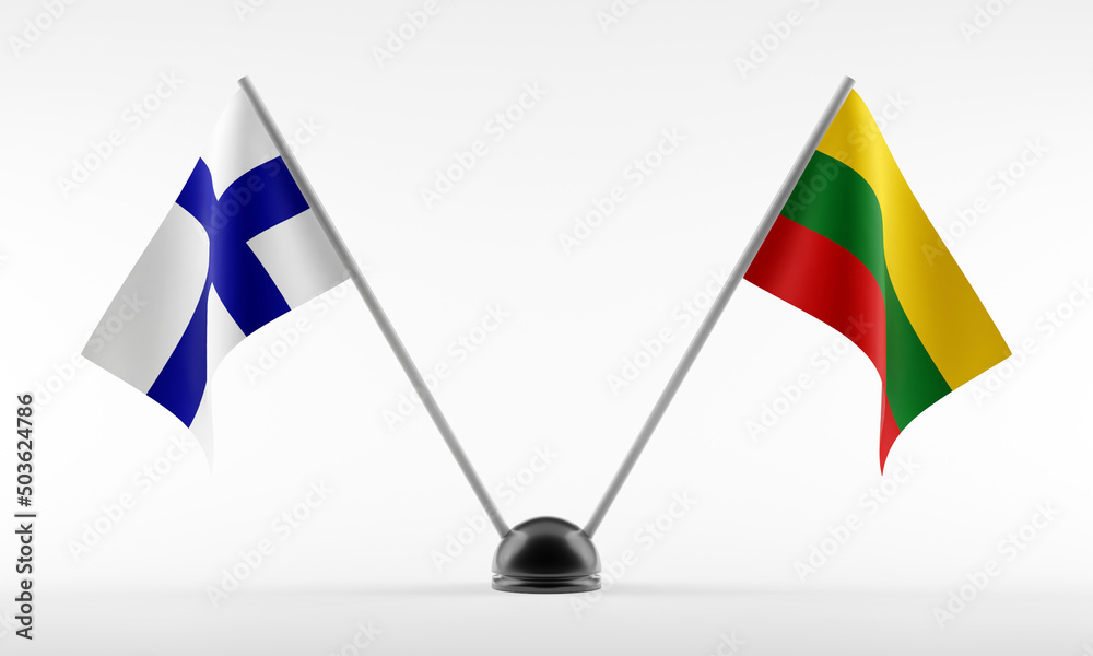 Stand with two national flags. Flags of Finland and Lithuania. Isolated on a white background. 3d render Stand with two national flags. Flags of Finland and Lithuania. Isolated on a white background. 3d render