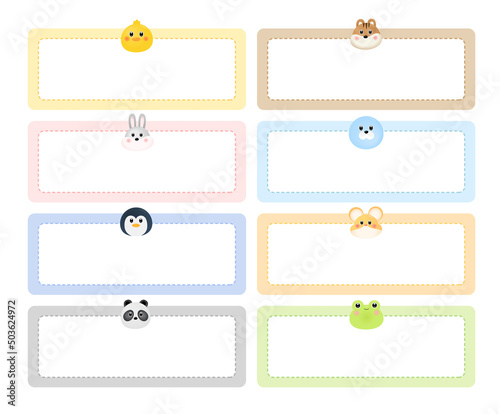 A collection of cute animal label stickers illustration set. Memo, paper, kindergarten, name tag, kid icon. Vector drawing. Hand drawn style.