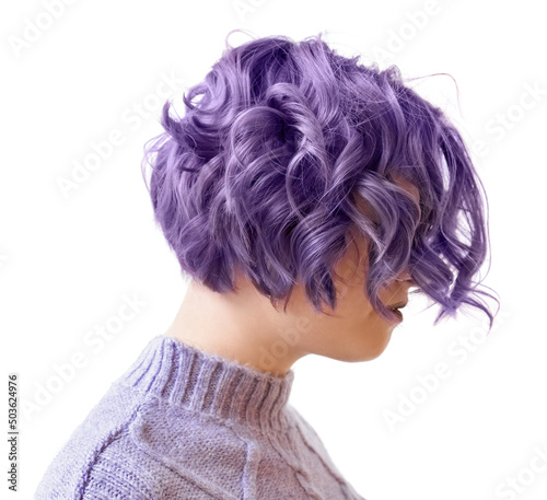 Beautiful young woman with violet hair on white background. Very Peri - color of year 2022