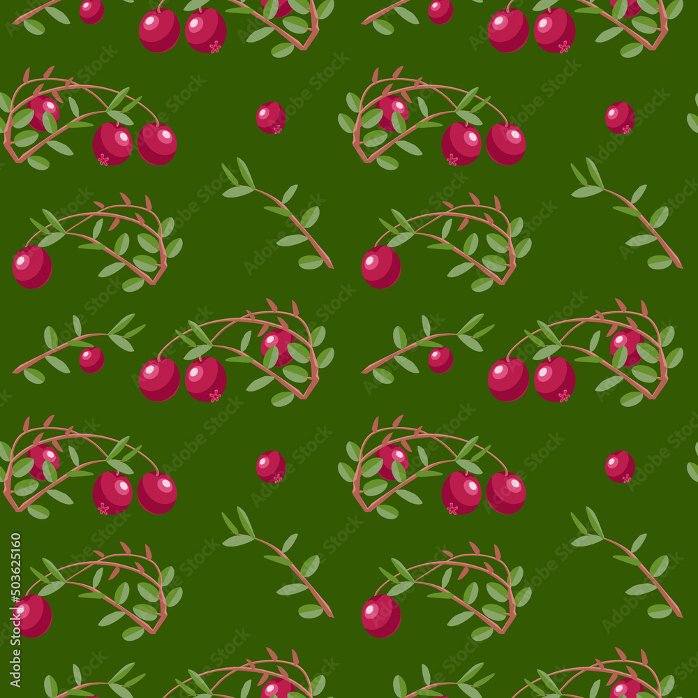 Summer pattern of cranberries on a green background. Vector illustration in cartoon style for decor, wallpaper, postcards and wrapping paper Summer pattern of cranberries on a green background. Vector illustration in cartoon style for decor, wallpaper, postcards and wrapping paper