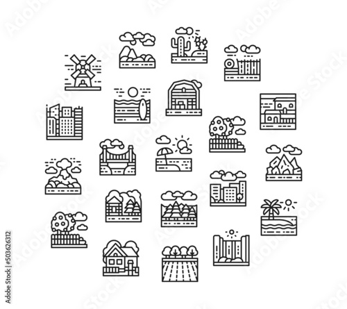 Landscape line icon set. Bridge, Forest, Garden, Volcano, Windmill icons in a circle isolated on white background.