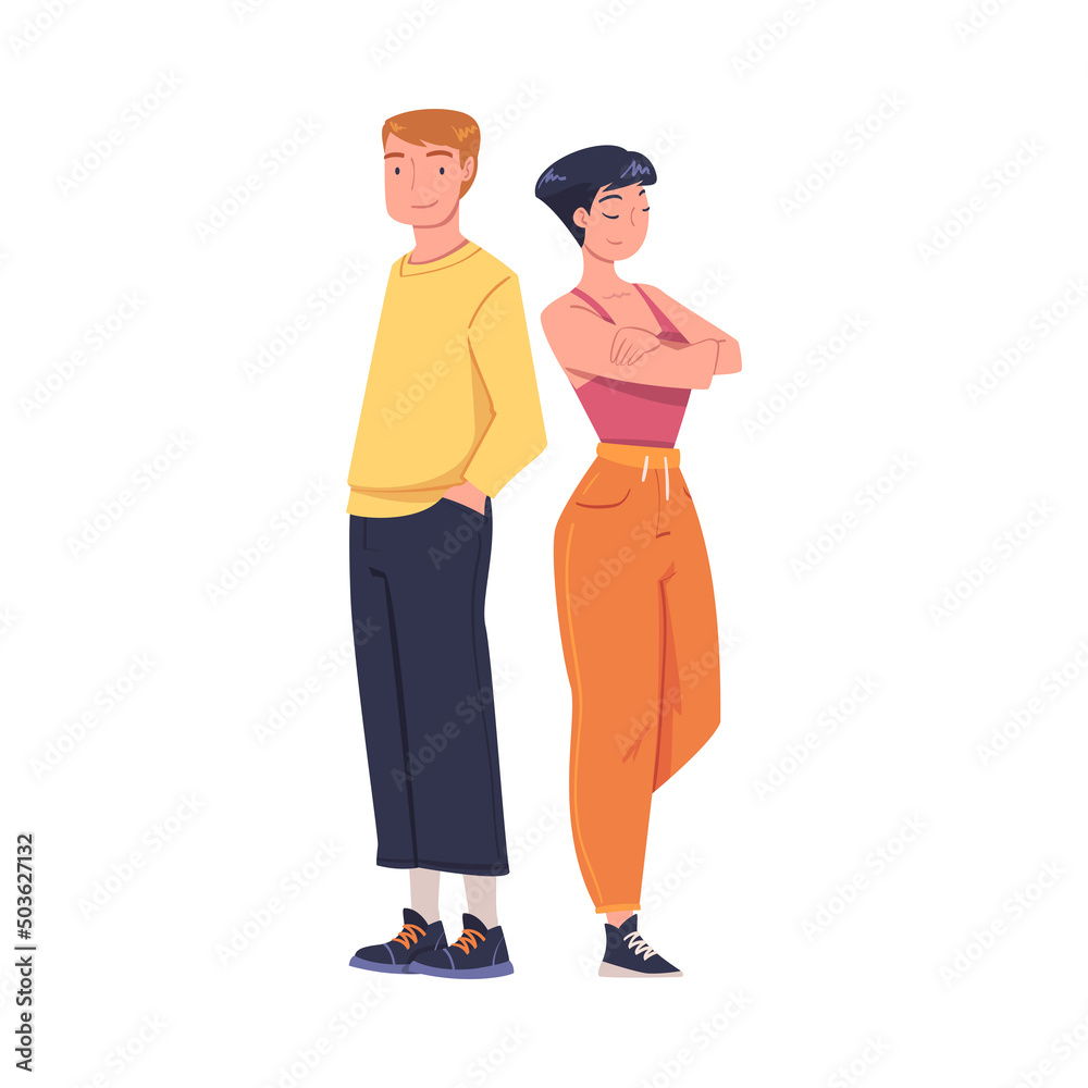 Young Smiling Man and Woman with Folded Arms in Standing Pose Vector Illustration