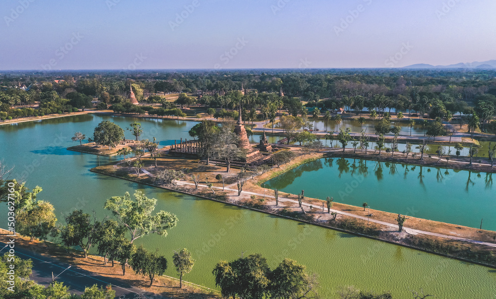 Aerial view of Wat Sra Sri or Wat Sa Si in Sukhothai historical park in Thailand