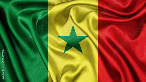 Close up realistic texture fabric textile silk satin flag of Senegal waving fluttering background. National symbol of the country. 4th of April, Happy Day concept 