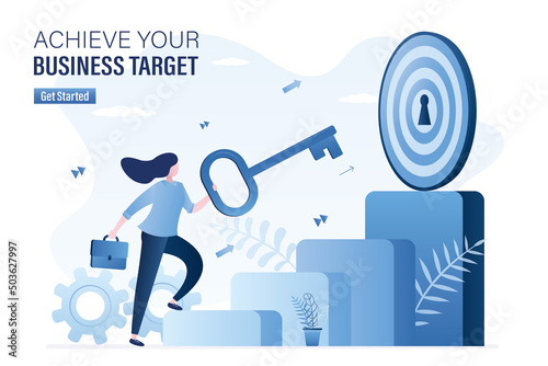 Achieve your business target, landing page template. Confident businesswoman with big key, target on top. Start up development, rise to new level. Female employee climb corporate career ladder.