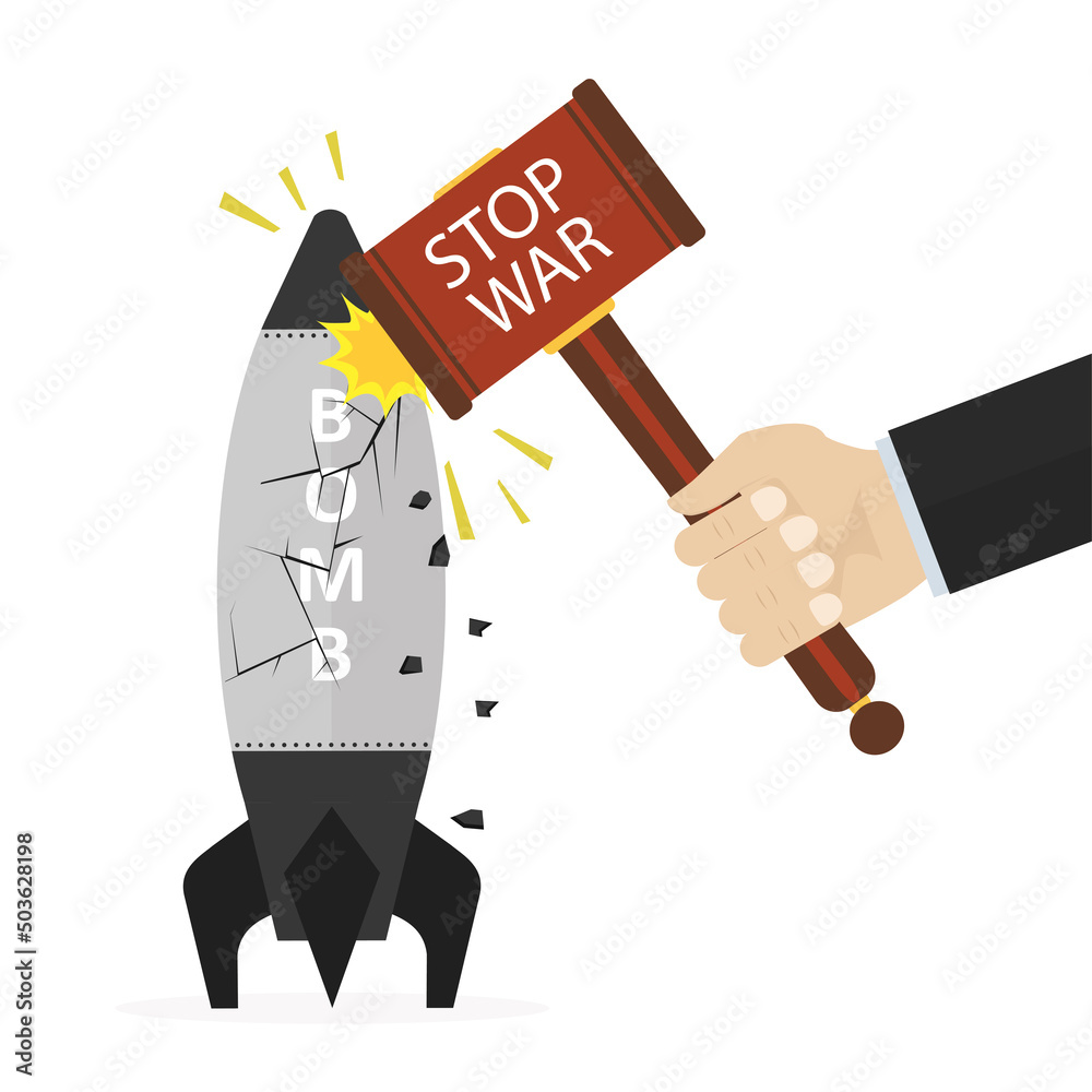 Fototapeta premium Activist or politician uses hammer and smashes big bomb. Stop war. Pacifism, prohibition of use of weapons. Anti military motivational banner. Peace day, poster.