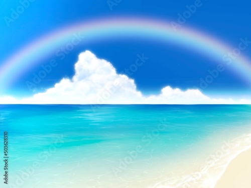 虹と青空のビーチ　楽園のイメージ背景素材 © 戸塚 詩織