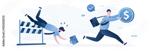 Business competition. Winner manager overcame business obstacle and take reward. Businessman loser fail to jump over hurdle and falling to ground. Problems, underperform male employee.