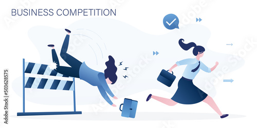 Business competition. Confident winner manager overcame business obstacle. Frustrated loser businesswoman fail to jump over hurdle and falling to ground. Problems, underperform female employee.