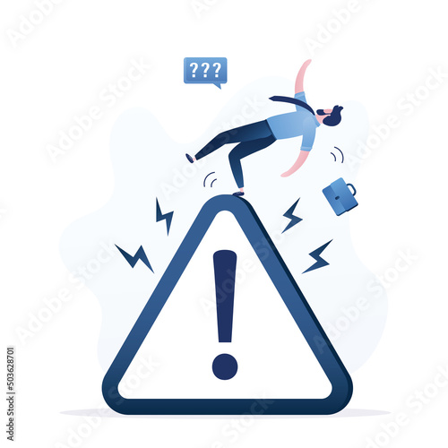 Businessman slip and falling from triangle sign with exclamation mark, beware. Mistake caution, business risk or problem warning. Loss of balance. Failure prevention or avoid danger.