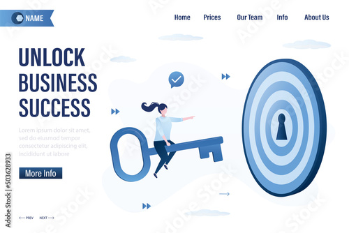 Unlock business success, landing page template. Achieve business target. Successful career, goal achievement. Secret for success in work. Businesswoman flying on big key