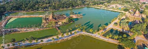Obraz na plátně Aerial view of Wat Sra Sri or Wat Sa Si in Sukhothai historical park in Thailand