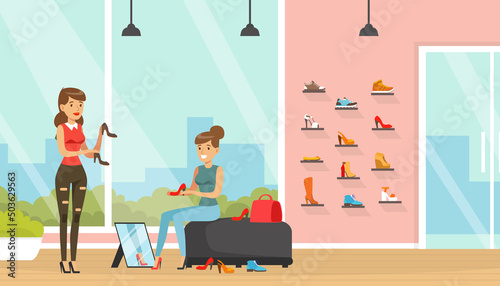 Young Woman in Fashion Store Trying on Pair of Shoes Doing Shopping Vector Illustration