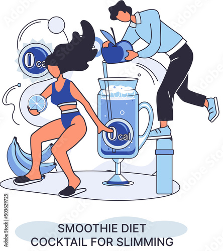 Smoothie as healthy diet cocktail for slimming tiny person concept metaphor. Vegan detox food and drink as organic and vitamin full beverage from straw. Raw ingredient blend nutrition energy and diet