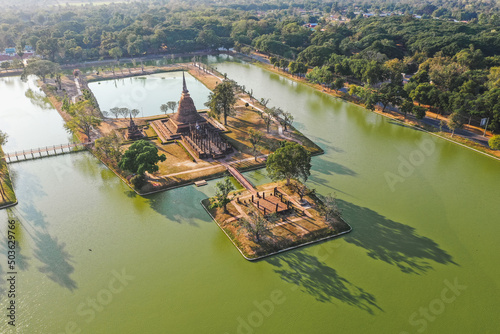 Obraz na plátně Aerial view of Wat Sra Sri or Wat Sa Si in Sukhothai historical park in Thailand
