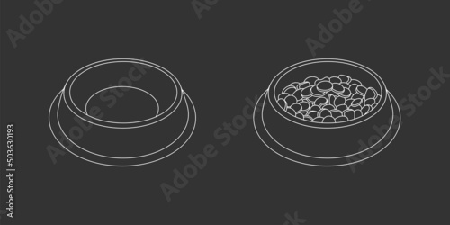 Bowl of food for feed dog and cat pet in doodle style, vector illustration. Animal bowl outline for print and design. Isolated element drawn in chalk on a black background. Graphic icon snack